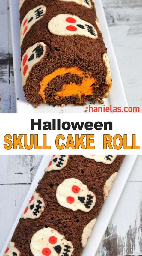 Chocolate and Mint Cream Cheese Skull Cake Roll for Halloween. Surprise your guests with this fun and delicious cake roll. Recipe and video! Halloween Swiss Roll, Halloween Cake Roll, Halloween Roll Cake, Cake Roll Recipes With Design, Goth Bakery, Halloween Swiss Roll Cake, Skull Pan Cake Recipes, Goth Baking, Halloween Deserts Recipes