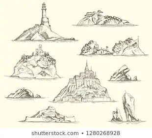 Cliff Sketch Stock Vectors, Images ... Cliffs Tattoo, Mountain Sketch, Forest Logo, Island Tattoo, Fantasy Island, House By The Sea, Fantasy Maps, Stationery Ideas, Medieval Times