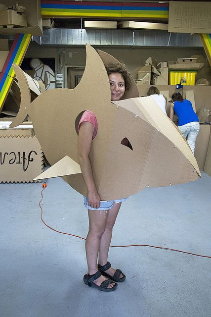 Made in Cardboardia. Workshop in Moscow. by cardboardia, via Flickr Finding Nemo Costume, Nemo Costume, Cardboard Costume, Cardboard Mask, Fish Costume, Shark Costumes, Book Character Costumes, Folding Origami, Cardboard Sculpture