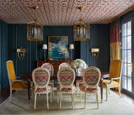 Dining Room Ceiling Ideas, Room Ceiling Ideas, Corey Damen Jenkins, Boston Penthouse, Seeded Glass Pendant, Wallpaper Ceiling, Dining Room Ceiling, Ceiling Ideas, Room Ceiling