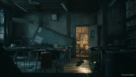 "Abandoned Japanese Classroom" by Alexander Zieglmeir  Software used: Substance Designer, Maya, Substance Painter, Unreal Engine, Photoshop Japanese Classroom, Classroom Interior, Abandoned City, Detective Aesthetic, Japanese Horror, Cinematic Lighting, Animation Background, Dark Photography, Environment Concept Art