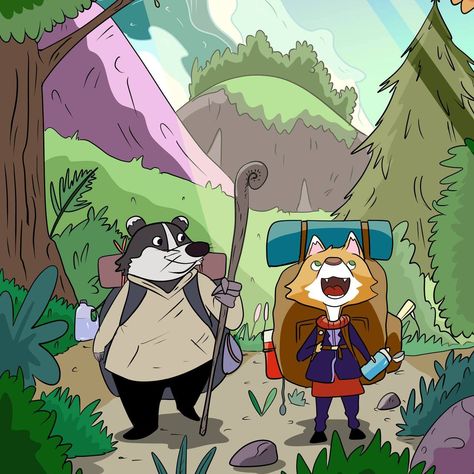 A Fox and a Badger going for a hike and enjoying nature. #illustrator #illustration #animal #fox #badger #hike #hikers #nature Fox And Badger, Cartoon Badger Drawing, Cute Badger Drawing, Badger Warrior, Honey Badger Illustration, Badger, Fox, Hiking, Animals