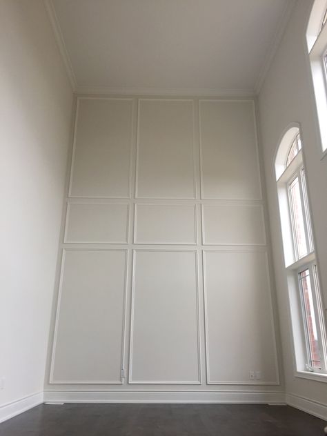 High Ceiling Living Room Paneling, Wall Moulding High Ceiling, Stair Paneling, Living Room Panelling, Decorative Molding, Stair Design, High Ceiling Living Room, House Remodeling, Double Height