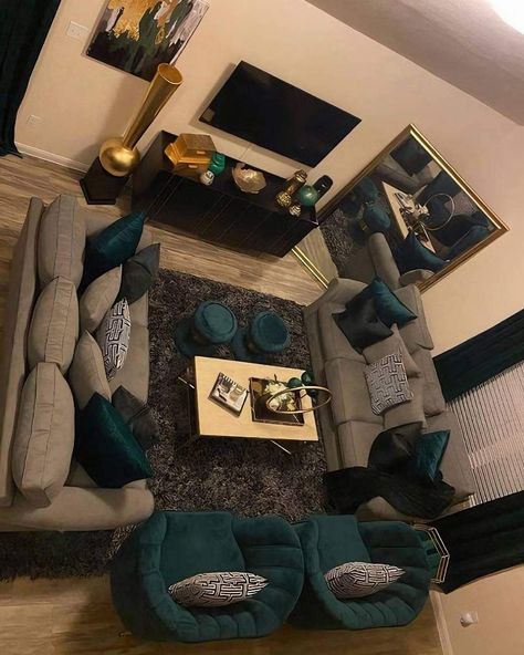 Custom Apartment Decor, Curated Loft Decor, Green Gold And Grey Living Room, Emerald Green And Navy Living Room, Home Decor Astetic, Gray And Hunter Green Living Room, Emerald And Grey Living Room, Emerald Green Living Room Decor Ideas, Grey And Colour Living Room