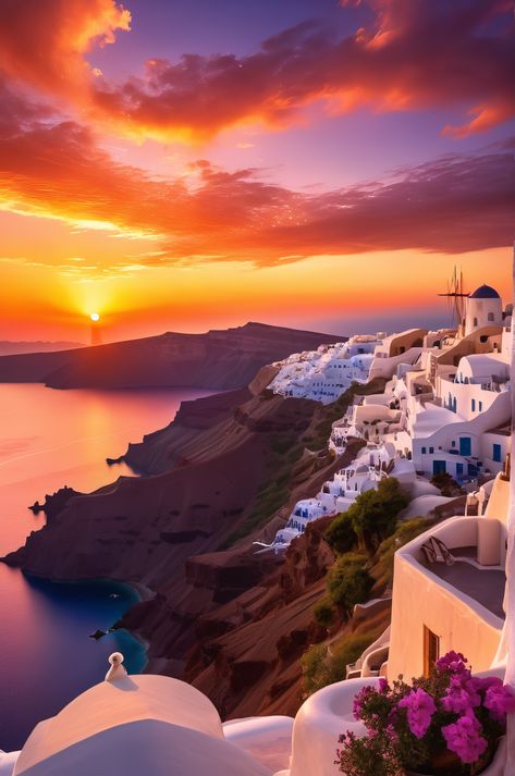 Witness Santorini's caldera ablaze with sunset hues! This 8K image captures the dramatic clouds, golden reflections on the Aegean Sea, and pristine white villages clinging to volcanic cliffs. Explore the geological wonders in stunning detail. #Santorini #Greece #Sunset Santorini Sunset Wallpaper, Santorini Greece Sunset, Enchanting Landscape, Greece Sunset, Santorini Sunset, Italy Villa, Greece Photography, 8k Ultra Hd, White Building