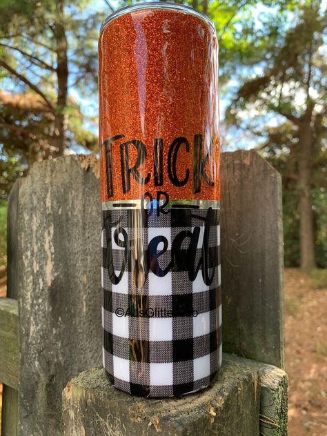 Trick or Treat Orange Plaid Glitter Halloween Tumbler Fall Peekaboo Tumbler, Black Halloween Tumbler Ideas, Plaid Glitter Tumbler, Candy Corn Tumbler, Holographic Black, Orange Halloween Tumbler, Glitter Halloween, Black And White Plaid, Halloween Tumbler