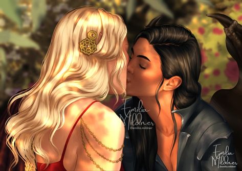 Emerie And Mor Acotar Fanart, Emerie And Mor Acotar, Morrigan And Emerie, Emilia Mildner, Mor Acotar, Plated Prisoner, Sjm Universe, Roses Book, Pride Art