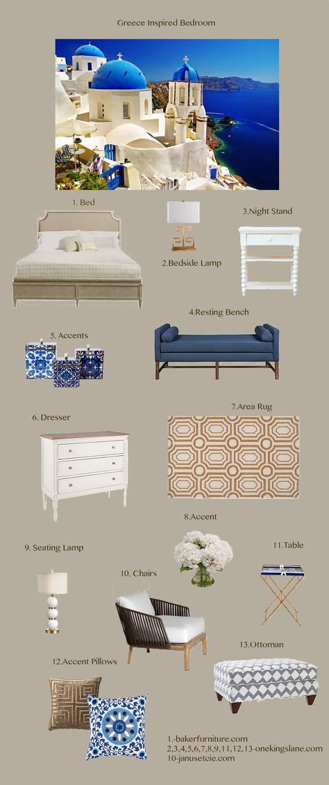 Greek Bedroom Design, Santorini Room Decor, Greek Themed Living Room, Santorini Themed Bedroom, Greece Inspired Interior Design, Greek Style Room Bedrooms, Mediterranean Blue Bedroom, Santorini Style Bedroom, Greece Inspired Bedroom Decor