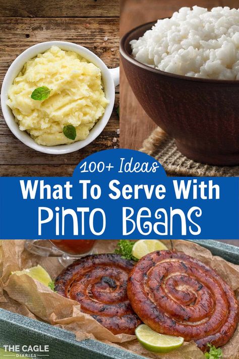 A collage of images showing what can be served with Pinto Beans. Pinto Bean Meal Ideas, Southern Pinto Beans Recipe, Red Beans Recipe, Side Ideas, Pinto Bean Recipes, Southern Dinner, Southern Breakfast, Potato Side Dishes, Best Side Dishes