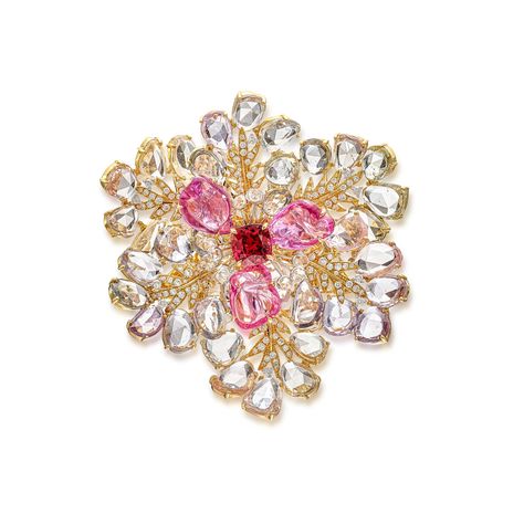 Spinel, Coloured Sapphire and Diamond Brooch | 彩色寶石 配 鑽石 胸針 | Magnificent Jewels II | Jewelry | Sotheby's Diamond Flower Brooch, Fancy Yellow Diamond, Diamond Brooch, Mom Jewelry, Yellow Diamond, Pink Diamond, High Jewelry, Flower Brooch, Pink Sapphire