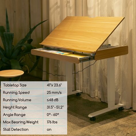 ADJUSTABLE TILTING TABLETOP: Designed for creators who work a long time on the table, the electric drafting table is easy to adjust the height from 31.5" to 51.2" and angle from 0 to 60° to always remain in a proper position when writing, reading, and drawing. LARGE DESIGN: The 41 x 23" large tabletop provides a large enough workspace for extra-large design drafts. The tilted desktop is supported by air-powered angle system, withstanding a maximum weight of 176lb. QUALITY MACHINERY: The conceale Vintage Drafting Table Repurpose, Artist Table Ideas, Drafting Table Design, Drawing Table Desk, Wood Drafting Table, Teen Room Makeover, Art Studio Storage, Drawing Desk, Art Studio Room