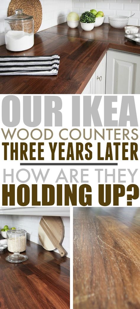 Many people are surprised to hear that our beautiful wood counters are actually from IKEA. Here's an update on how our IKEA wood counters are holding up three years after we installed them. #IKEAWoodCounters #IKEAKitchen #WoodCounters Ikea Wood Countertops, Ikea Butcher Block, Wood Counters, Wood Kitchen Counters, Wood Countertops Kitchen, Ikea Wood, Wooden Countertops, Wooden Counter, Wood Counter