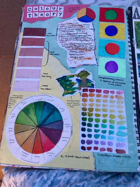 Colour Sketchbook Page, Colour Theory Gcse Page, Colour Wheel Art Gcse, Color Theory Sketchbook, Colour Swatches Sketchbook, Gcse Colour Theory Page, Formal Elements Of Art Sketchbook, Gcse Art Sketchbook Colour Theory, Celebration Of Colour Art Gcse