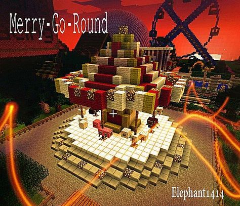 Merry-Go-Round Minecraft Project Minecraft Merry Go Round, Minecraft Fairground, Minecraft Ferris Wheel, Minecraft Carousel, Minecraft Theme Park Ideas, Minecraft Carnival Builds, Minecraft Theme Park, Minecraft Amusement Park, Minecraft Carnival