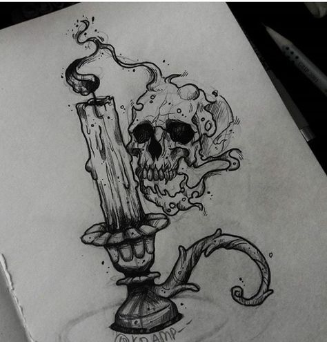 Melting Skull Tattoo Designs, Gothic Candle Drawing, Creepy Candle Tattoo, Goth Skull Tattoo, Skull With Candle Tattoo, Skull And Candle Tattoo, Candle Holder Drawing, Skull Candle Tattoo, Melting Candle Tattoo