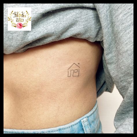 #housetattoo #smalltattoo #smalltattooideas #ribstattoo House Stamp Tattoo, Dainty House Tattoo, House Fine Line Tattoo, House Tattoo Simple, Minimalistic House Tattoo, Small House Tattoo, Home Tattoo, S Tattoo, Fish Tattoos