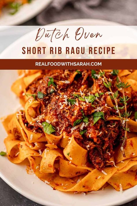 Get ready to impress with this Short Rib Ragu. It's made with beef short ribs that are pan-seared and then simmered in a rich and savory tomato sauce until they are tender enough to fall off the bone. Serve over fresh pappardelle and enjoy every bite of this unbelievably delicious meat sauce. Braised Short Rib Tagliatelle Pasta, Braised Short Rib Ragu, Beef Chuck Short Ribs, Short Rib Ragu, Braised Short Ribs Recipe, Rib Sauce, Tagliatelle Pasta, Beef Short Rib Recipes, Ragu Recipe