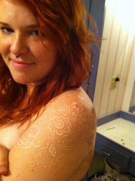 Tan Tattoo - Picture | eBaum's World Tattoos On Freckled Skin, Freckled Skin, Paisley Tattoo, Tan Tattoo, White Ink Tattoo, Lace Tattoo, Dark Tattoo, White Tattoo, Pattern Tattoo