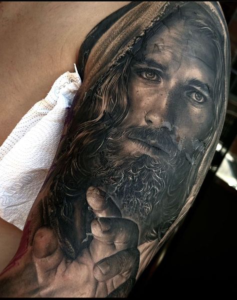 Jesus Tattoo Sleeve, Praying Hands Tattoo Design, Praying Hands Tattoo, Religious Iconography, Cool Half Sleeve Tattoos, Jesus Tattoo, Jesus Christ Artwork, Tattoos For Black Skin, Rose Tattoo Design