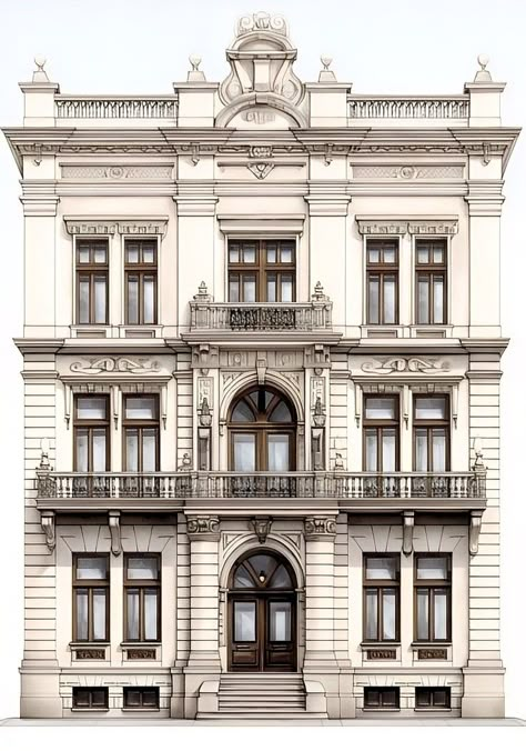 Modern Brick Building Architecture, Paris House Drawing, Beautiful Old Buildings, Georgian Architecture Exterior Facades, Classic French Architecture, 1920 Buildings, Architectural Facade Design, Elevation Architecture Drawing, French Buildings Architecture