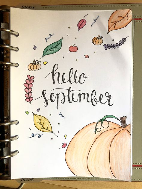 Drawing Ideas For September, Hello September Drawing, September Calendar Doodles, September Calendar Ideas, September Journal Ideas, September Drawings, Month Drawings, Bullet Journal Leaves, September Doodles