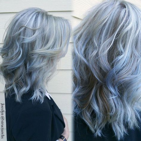 Pin on ~OUR WORK~ Silver Hair With Blue Tips, Icy Silver Hair, Arcane Hair, Blonde Hair With Blue Highlights, Silver Black Hair, Coloured Wigs, Dye Hair Ideas, Hair Styles New, Blue Hair Ideas