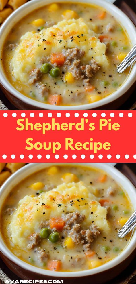 Want a unique shepherd pie recipe? This Shepherd’s Pie Soup Recipe is ideal! A flavorful take on soup recipes easy to make, great for dinner ideas, and perfect for healthy soup recipes. Shepherds Pie Recipe Crockpot, Shepherd Pie, Hearty Soup Recipes, Dinner Ideas Easy, Shepherds Pie Recipe, Chili Soup, Hearty Soup, Soup Kitchen, Shepherd's Pie