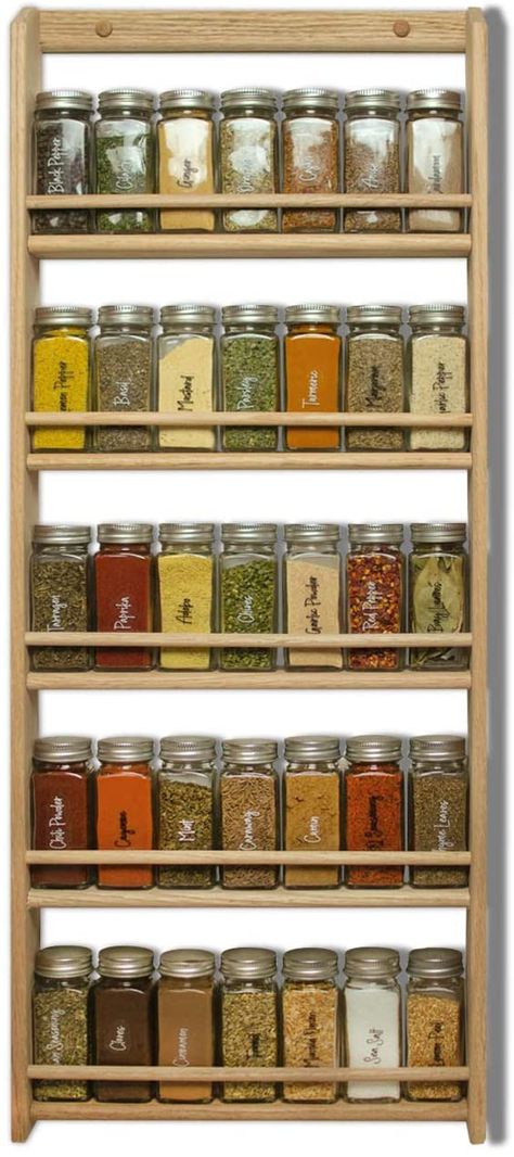 AmazonSmile: EMS Solid OAK Wood Spice Rack Organizer, 5 Tier Wall Mounted - Seasoning Storage for Pantry and Kitchen - Natural Finish (32.75"H X 13.75"W x 2.75"D): Kitchen & Dining Best Spice Rack, Spice Rack Organization, Wall Mounted Spice Rack, Wood Spice Rack, Seasoning Storage, Classy Kitchen, Spice Shelf, Kitchen Spice Racks, Spice Rack Organiser