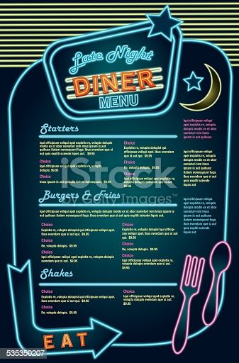 Neon Menu Design, American Diner Menu, Chalk Menu, Diner Aesthetic, Diner Menu, 50s Diner, Restaurant Themes, Menu Layout, Diner Decor