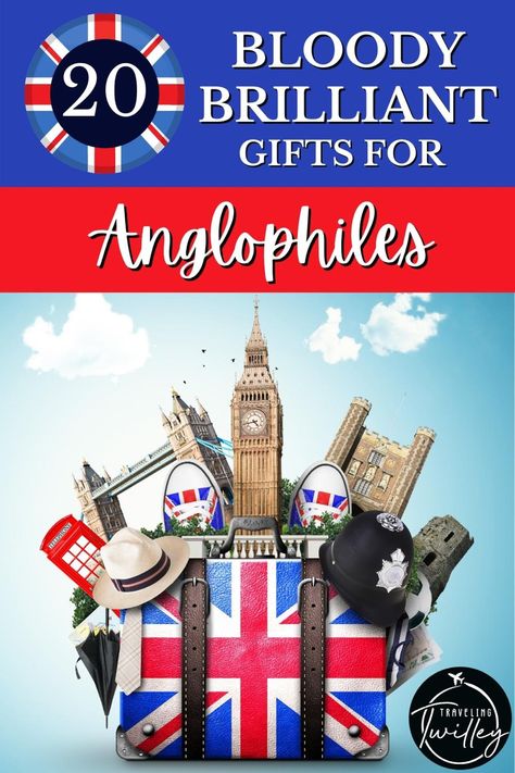 A Union Jack flag printed suitcase with several British items and landmarks (including a red telephone booth, Tower Bridge, and Big Ben) sticking out of it British Gifts Ideas, Anglophile Gifts, British Themed Parties, British Gifts, Travel Guide Book, Travel Uk, Union Jack Flag, Uk Gifts, British History