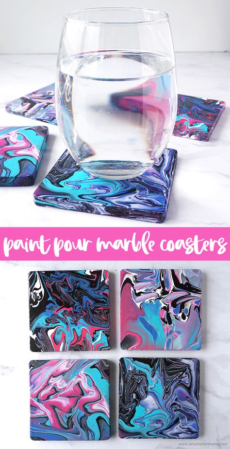 Paint Pour Marble Coasters #paintpour #coasters #paint #diycoasters #marblecoasters #marbling #homedecor #diydecor #PlaidCrafts How To Marble Paint, Diy Marble Painting, Hand Painted Coasters Diy, Marble Painting On Canvas, Painting On Tiles, Diy Marbling With Paint, Acrylic Paint Pouring On Ceramic Tiles, Marbling With Acrylic Paint, Paint Pour Coasters