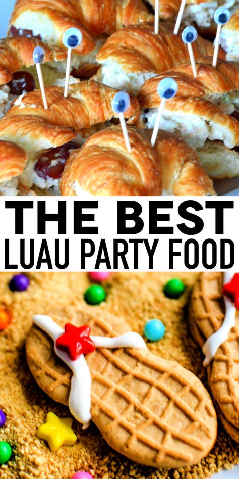 Hawaiian Birthday Food Ideas, Lu Au Party, Food For Moana Themed Party, Hawaiin Party Ideas Food, Hawaiian Themed Food Appetizers, Moana Themed Party Food, Hawaiian Party Food Ideas Luau Birthday, Island Party Food Ideas, Luau 5th Birthday Party