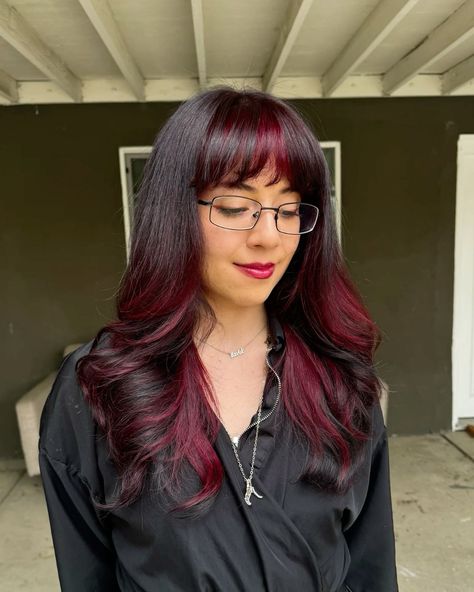 Red Highlights On Dark Hair With Bangs, Red Hair Color On Black Hair, Black With Red Highlights Short, Dark Halo Hair, Brunette With Colorful Highlights, Black Cherry Hair With Money Piece, Cherry Hair With Highlights, Cherry Hair Highlights, Brown Hair With Red Bangs