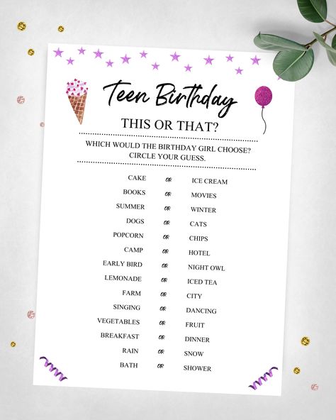 Teen Birthday This Or That? Girl Birthday Game. Instant Digital Download. Printable Game Keepsake. https://etsy.me/3bLxwD2 #birthday #birthdaygame #teenbirthdaygame #teenthisorthat #teenbirthdaygames #birthdaygames #thisorthatgame Games At Birthday Party, Bday Games For Teens, Fun Games For Birthday Parties, Games For Birthday, 15th Birthday Party Ideas Girl, Birthday Party Set Up Ideas, Birthday Games Ideas, Game For Birthday Party, Games For Birthday Party