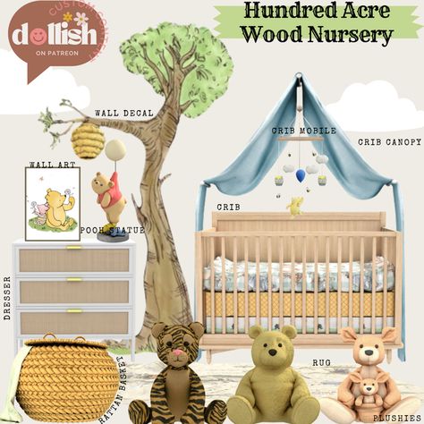 Hundred Acre Wood Nursery! :) | Patreon Dollish Sims 4, Pooh Bear Nursery, Winie The Pooh, Nursery Room Diy, Classic Pooh Bear, Sims 4 Content, Honey Decor, Bee Nursery, The Sims 4 Custom Content