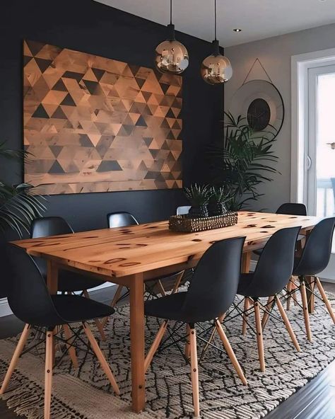 Wall Accent Dining Room, Mcm Dining Room Ideas, Edgy Dining Room, Dinning Room Ideas Modern Minimalist, Townhouse Dining Room Ideas, Boho Modern Dining Room, Dining Room Ideas Modern Contemporary, Dining Room Decor Ideas Modern, Black Dining Room Ideas