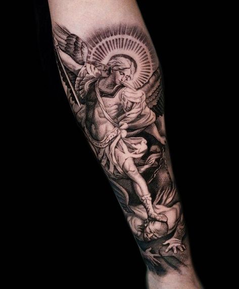 Angle Tattoo For Men, St Michael Tattoo, Half Sleeve Tattoos Forearm, Outer Forearm Tattoo, Archangel Tattoo, Inner Forearm Tattoo, St Michael The Archangel, Men Tattoos Arm Sleeve, Cool Arm Tattoos