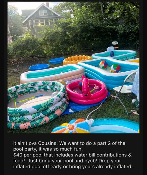 Multiple kiddie pools gathered in yard Pizza Pool Party Ideas, Byop Party Ideas, Bring Your Own Pool Party Backyards, Blow Up Pool Party, Bring Your Own Pool Party, End Of Summer Pool Party, Pizza Dinner Party, Jaws Party, Blow Up Pool