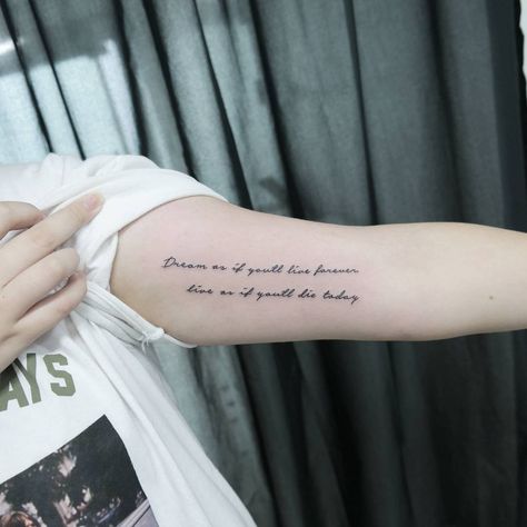 Arm Quote Tattoos | POPSUGAR Smart Living Arm Quote Tattoos, Inside Of Arm Tattoo, Quote Tattoos Placement, Wörter Tattoos, Inspiring Quote Tattoos, Tattoo Quotes For Men, Inner Arm Tattoos, Inner Bicep Tattoo, Good Tattoo Quotes