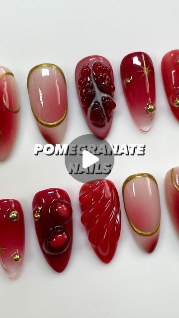 Pomegranate Nail Art, Persephone Nails, Pomegranate Nails, Innerbloom Nails, Fruit Nail, Fruit Nail Art, Lovely Nails, Vibrant Nails, Nails 2024