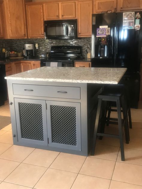 Dog Cage Kitchen Island, Hidden Dog Kennel Diy, Dog Crate Island, Dog Kennel Kitchen Island, Dog Crate Kitchen Island, Kitchen Island Dog Kennel, Dog Kennel Cabinet, Small Dog Cage, 1980s Kitchen