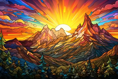 Mountain Sunrise Stained Glass Officially Licensed Diamond Painting Kit. Relax, unwind, and create Diamond Art! Up to 75% Off plus Free Shipping over $75+. Free 2-5 Day Shipping available. Over 10,000 5-Star Reviews. Choose From 3,000+ incredible Diamond Painting designs. Stained Glass Art Landscape, Glass Painting Landscape, Stained Glass Pictures, Mountain Stained Glass Patterns, Stained Glass Desert, Stained Glass Landscape, Stained Glass Painting, Mountain Sunrise, Mountain Artwork