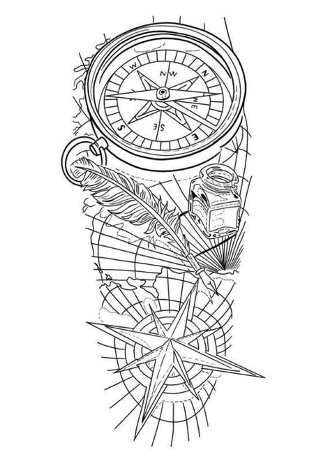 Compass Tattoo Design Stencil, Compass Tattoo Stencil, Compass And Map Tattoo, Dark Disney Tattoo, Tiger Head Tattoo, Half Sleeve Tattoos Sketches, Pirate Ship Art, Black White Tattoos, Compass Tattoo Design