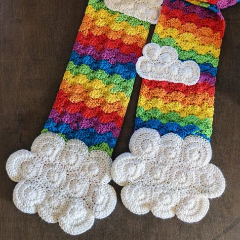 Crochet a Clever Rainbow and Clouds Scarf … The Clouds Are Handwarmer Pockets! | KnitHacker Rainbow And Clouds, Pattern Rainbow, Crochet Hack, Rainbow Scarf, Rainbow Crochet, Different Stitches, Custom Crochet, Scarf Crochet, Fun Crochet Projects