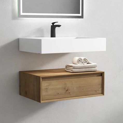 29.5'' Wall Mounted Single Bathroom Vanity with Plastic Top Oak Floating Vanity, Floating Sink, Wall Mount Sink, Small Bathroom Vanities, Wall Mounted Sink, Floating Bathroom Vanity, Double Sink Vanity, Installing Cabinets, Floating Vanity