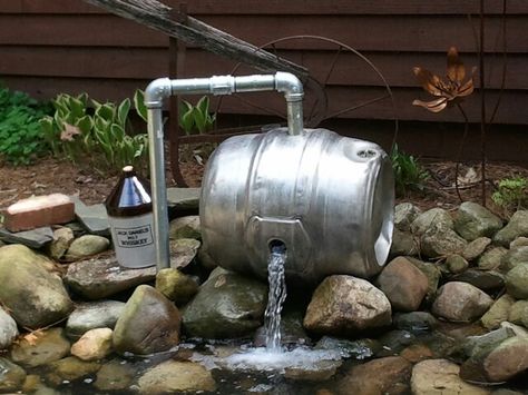 Beer keg water feature Beer Keg Ideas Projects, Barrel Garden Ideas, Beer Keg Ideas, Beer Barrel, Beer Keg, Outdoor Crafts, Backyard Deck, Deck Garden, Beer Garden