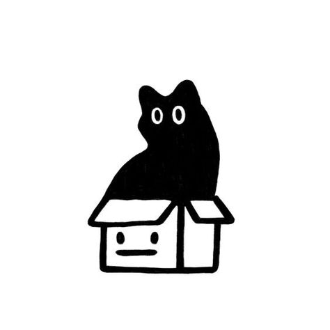 Doodle Cat Drawing, Cat In A Box Tattoo, Cat In Box Drawing, Cat In A Box Drawing, Black Cat Doodles, Black Cat Icon, Cat In Box, Tattoo Gato, Black Cat Sticker