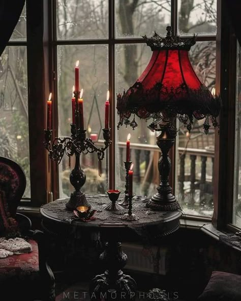 Vampire Aesthetic House, Victorian Goth Christmas, Red Witch Aesthetic, Gothic Victorian House Interior, Vampire Christmas, Vampire Lair, Goth Lamp, Vampire Room, Gothic Lamp