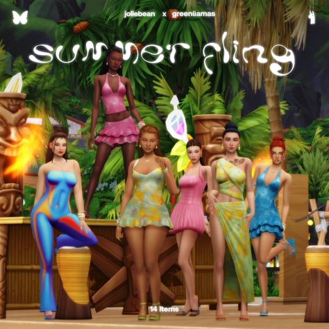 Summer Fling Collection by Greenllamas and Joliebean | Joliebean Caribbean Queen, Summer Fling, Queen Dresses, Holiday Romance, The Sims 2, Sims4 Clothes, Sims 4 Collections, Queen Dress, Sims 4 Cas