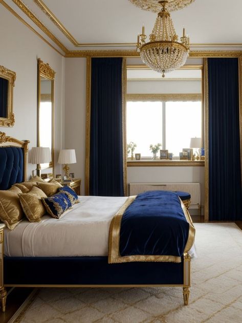 Blue And Gold Accent Wall, Royal Blue Accent Wall, Cozy Bedroom Master, Royal Bedroom Ideas, Bedroom Inspirations Modern, Royal Blue Bedrooms, Royal Bedroom Design, Gold Accent Wall, Dark Blue Bedrooms